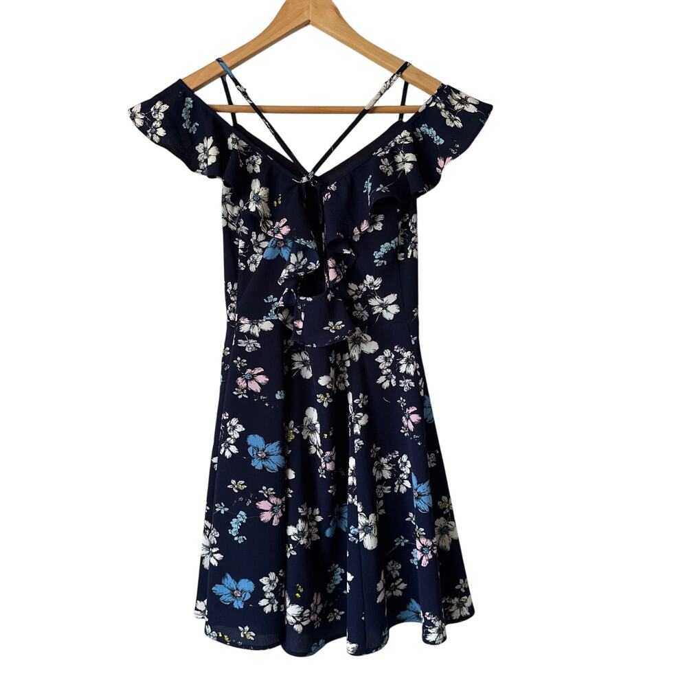 Hommage👗Los Angeles Size Small Blue Floral Fit & Flare Dress – Off Shoulder,